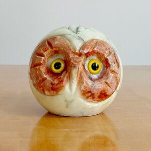Vintage Hand Carved Alabaster Owl Figurine 3” Stone Paperweight Mid-Century